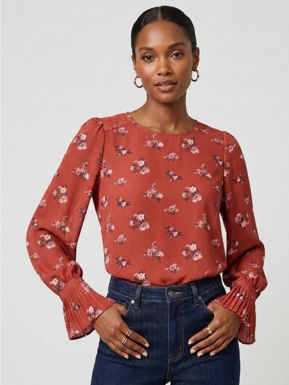 LOFT Women’s Brick Red Floral Chiffon Blouse - Long Sleeve Size Medium